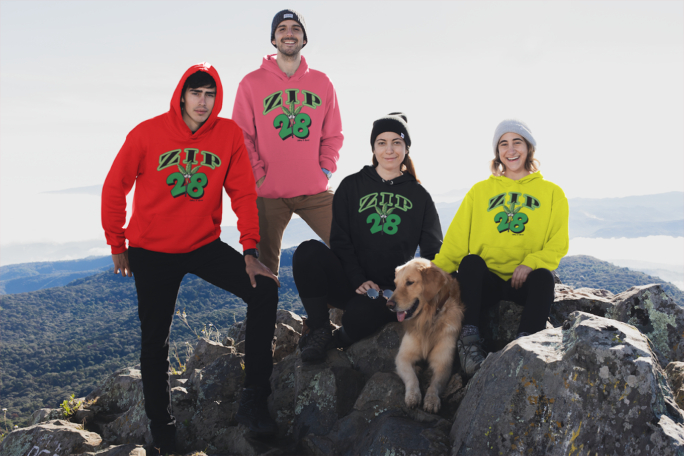 A group of people wearing hoodies are sitting on top of a mountain.