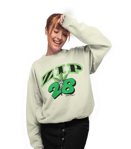 A woman is wearing a sweatshirt with the number 28 on it.