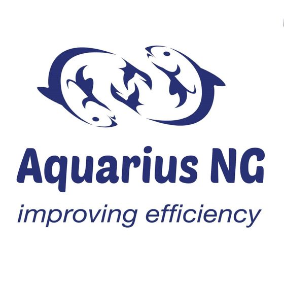 A blue logo for Aquarius ng improving efficiency Seafood Systems ACSS UK