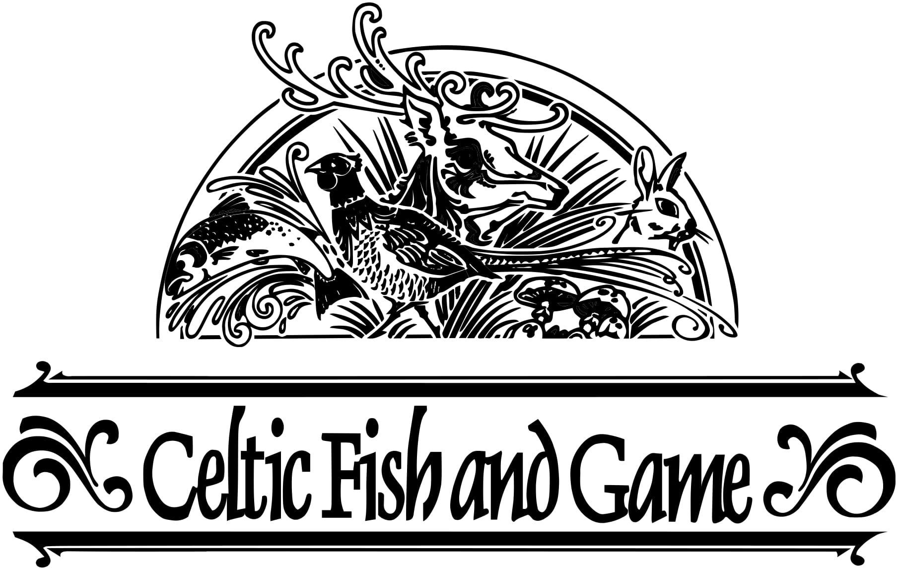A black and white logo for celtic fish and game.