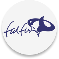 A white circle with a blue fish and the word fish on it.