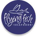 The logo for flying fish seafood is a blue circle with a fish on it.