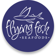 The logo for flying fish seafood is a blue circle with a fish on it.