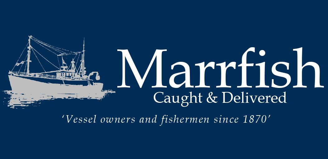 A blue and white logo for marrfish caught and delivered