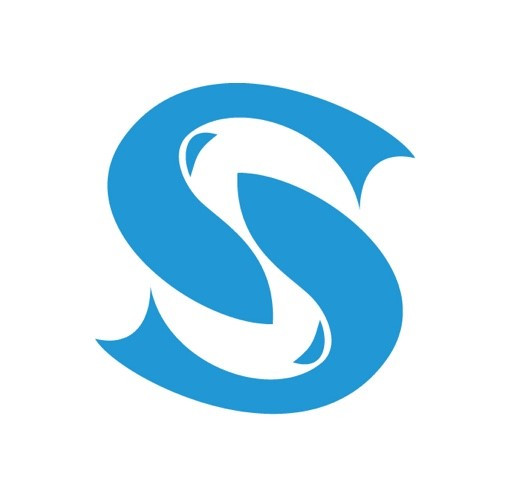 A blue and white letter s on a white background