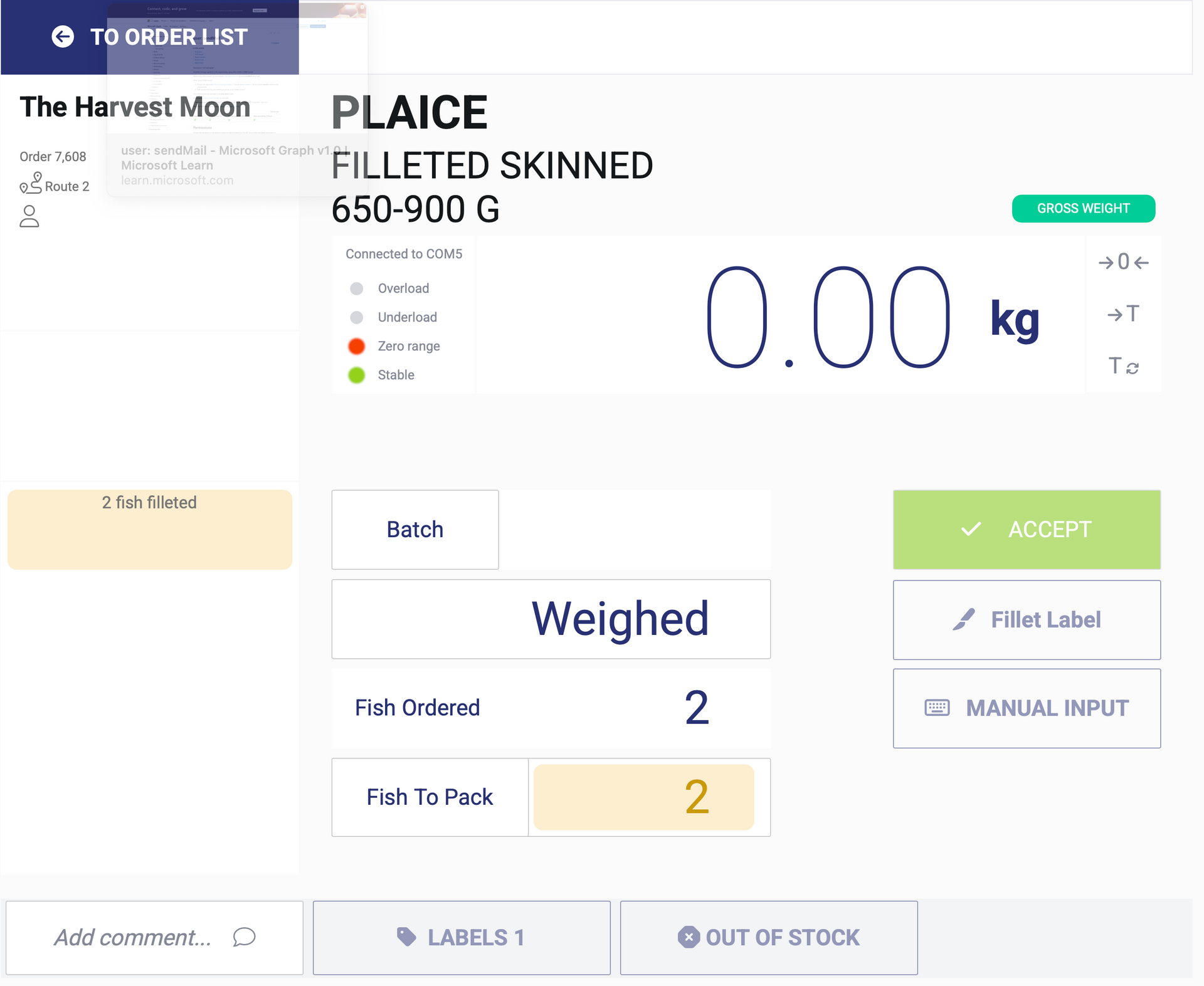 A computer screen shows a weight of 0.00 kg of filleted skinned plaice.