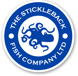 A blue and white logo for the stickleback fish company ltd