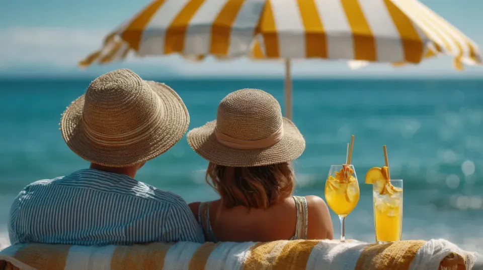 Pareja disfrutando de un plan romántico en la playa de San Andrés, frente al mar Caribe, cerca al Hotel 111.