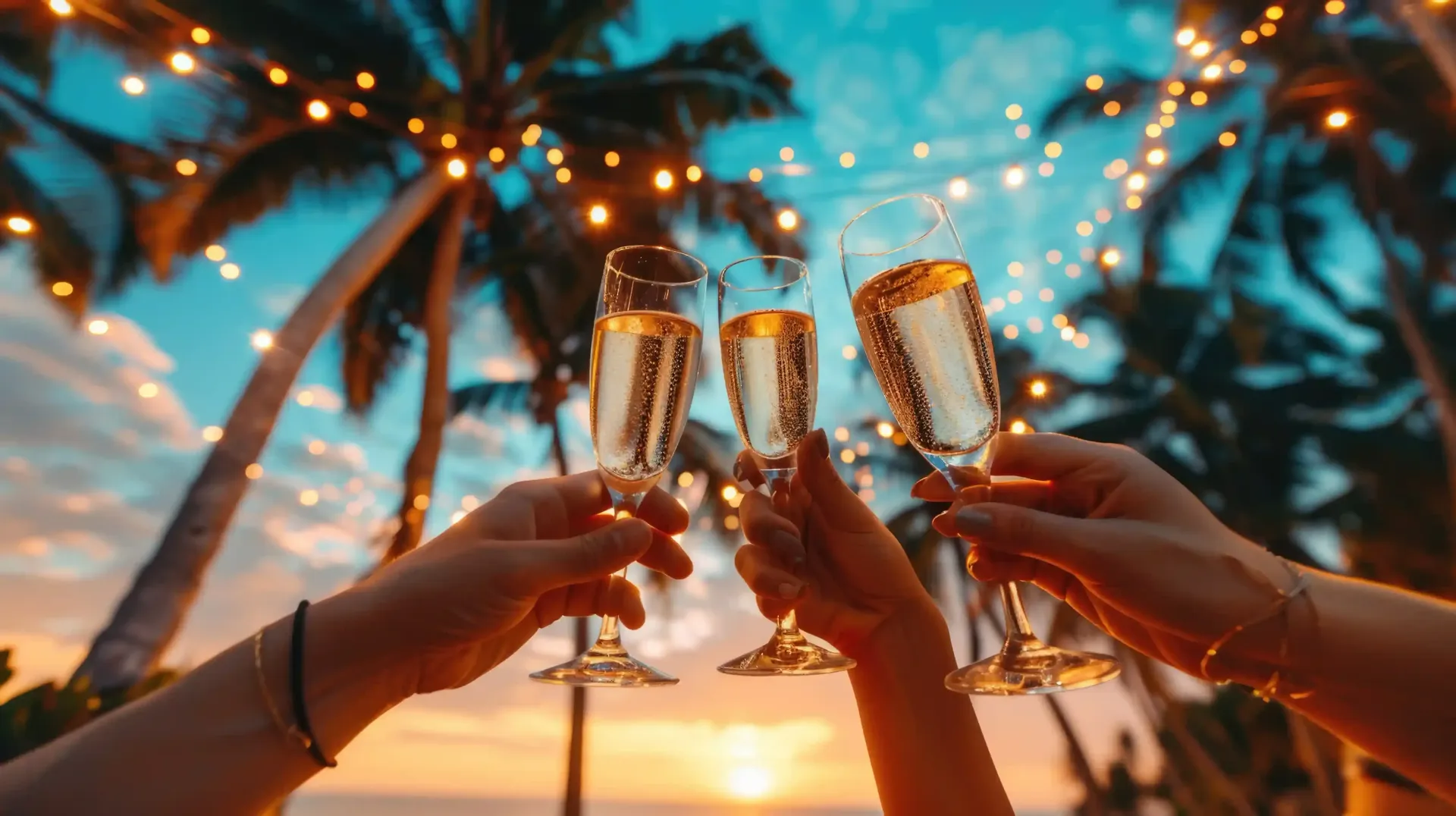 Brindis en la playa durante la fiesta de fin de año en San Andrés bajo luces y palmeras al atardecer.