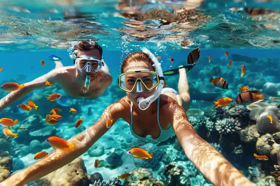 Pareja haciendo snorkel en el mar de San Andrés, uno de los planes románticos más buscados por huéspedes del Hotel 111.