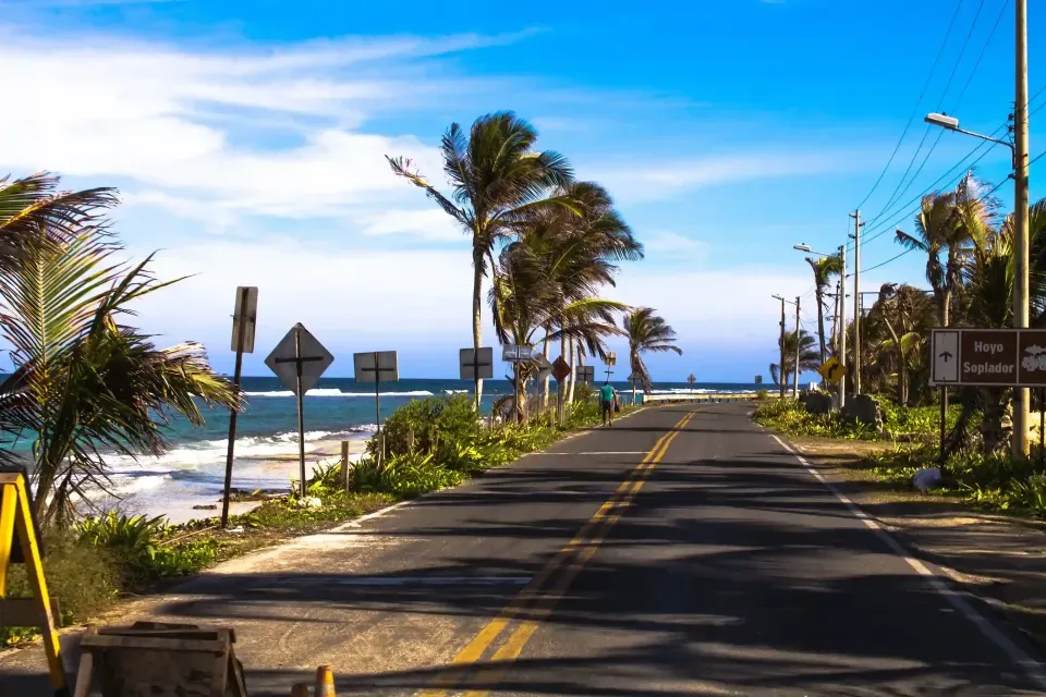 Carretera de San Andrés bordeada de palmeras con vista al mar Caribe, un paisaje ideal para disfrutar en pareja durante su estadía en el Hotel 111 cerca a la playa.