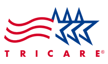 A red , white and blue logo for a company called tricare