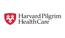 The harvard pilgrim health care logo has a red shield with two people on it.