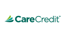 The logo for carecredit is green and white with a green leaf.