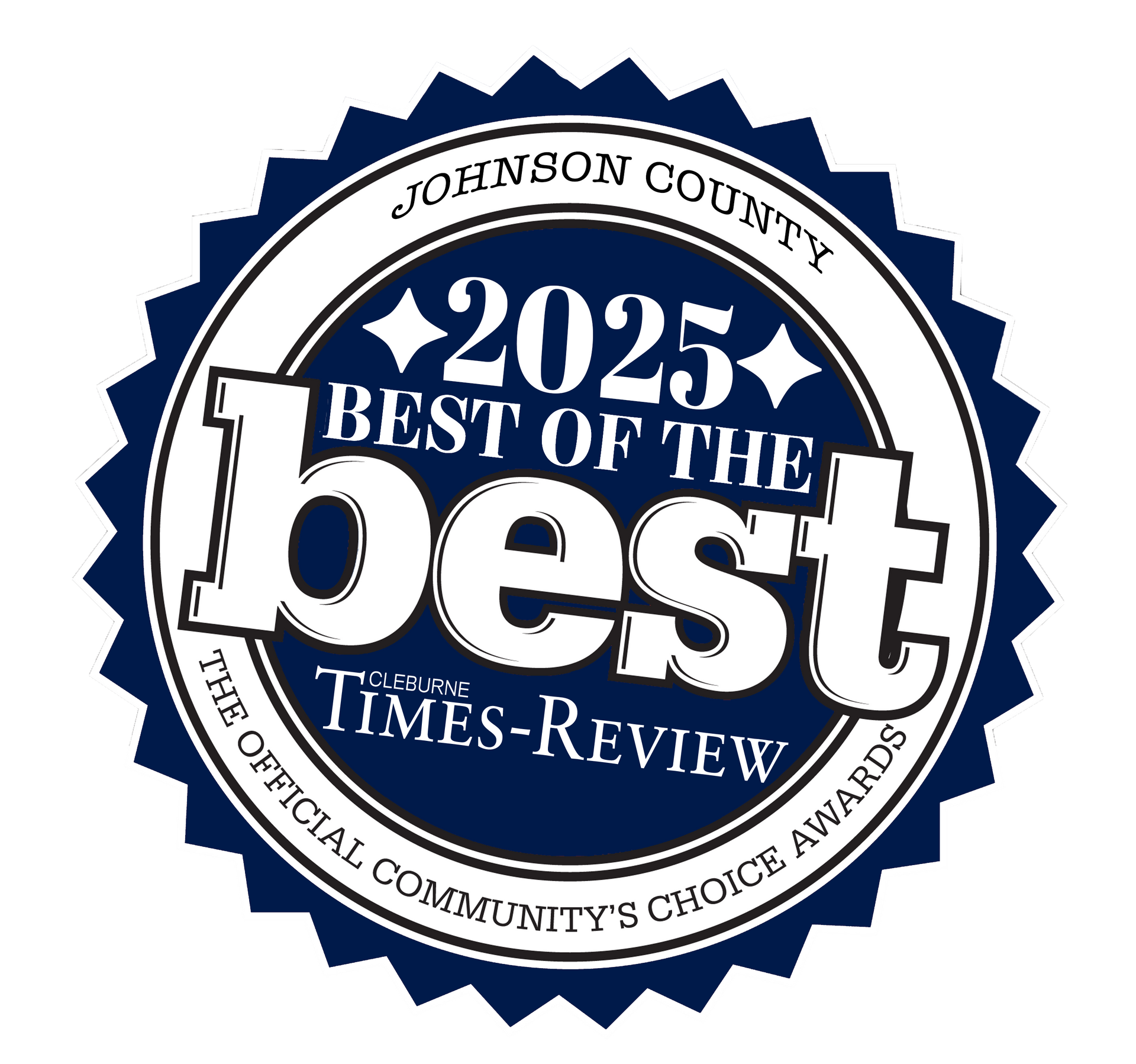 Johnson County 2025 Best of the Best award seal. Blue and white with jagged border.
