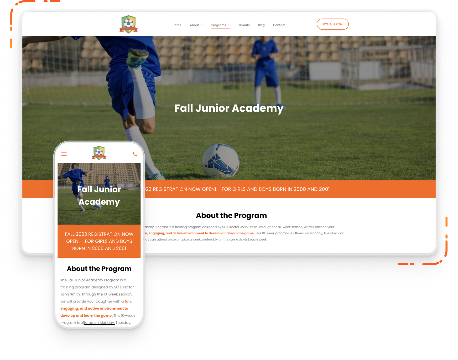 Byga youth sports club management digital tryout check in with example information