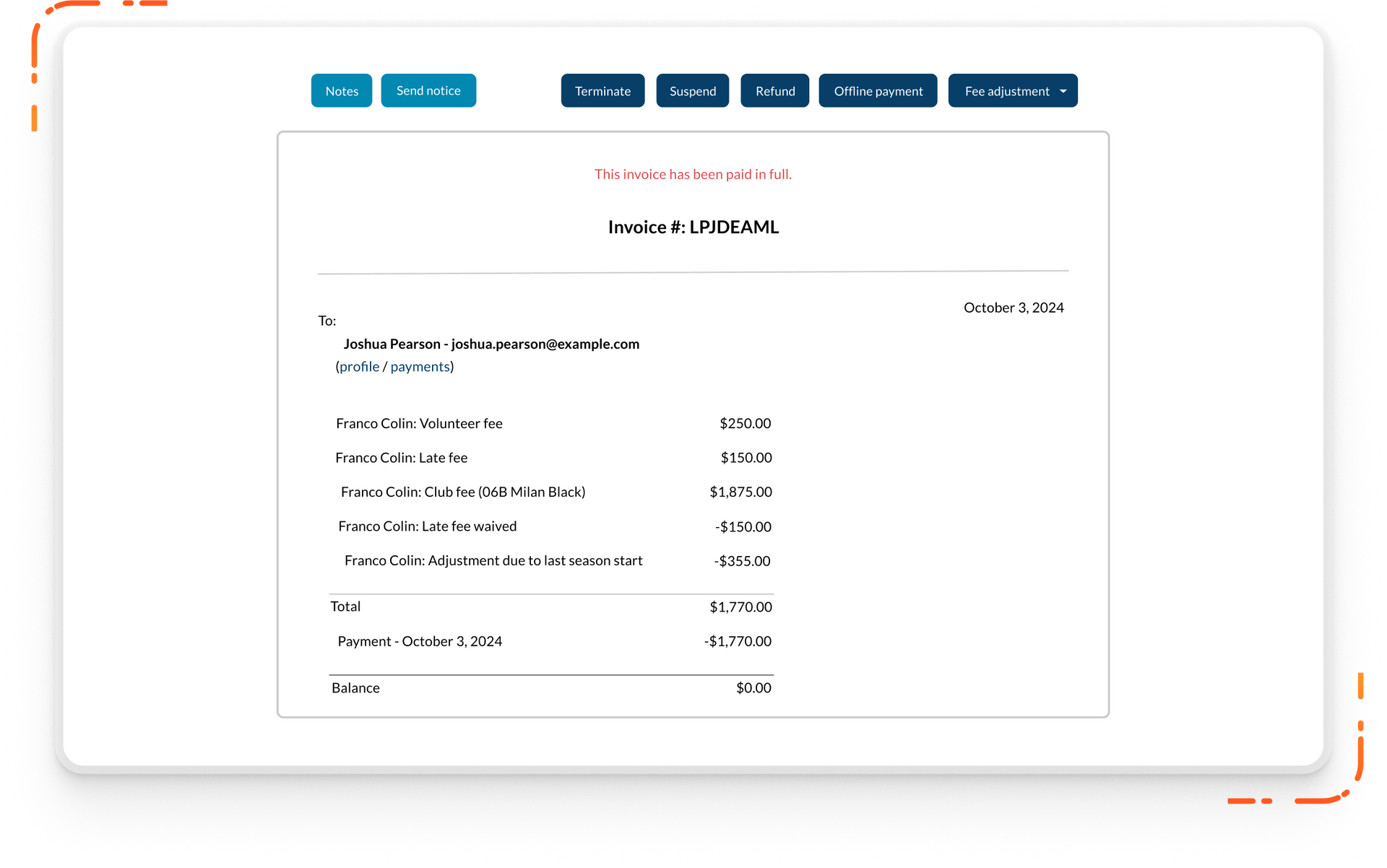 Byga youth sports club management laptop with detailed invoice with line items from registration process