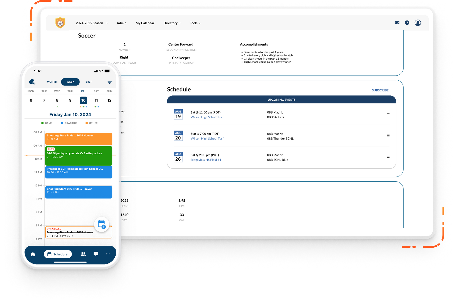 Byga youth sports club management laptop and mobile view of tryout player evaluations