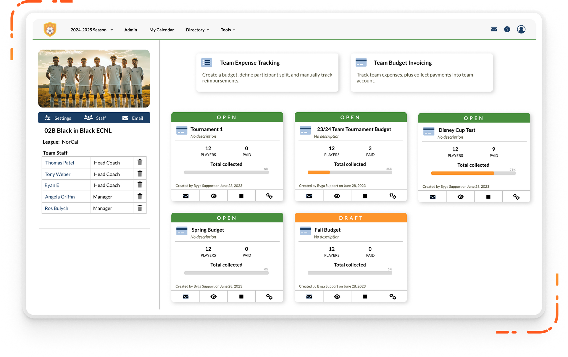 Byga youth sports club management digital tryout check in with example information