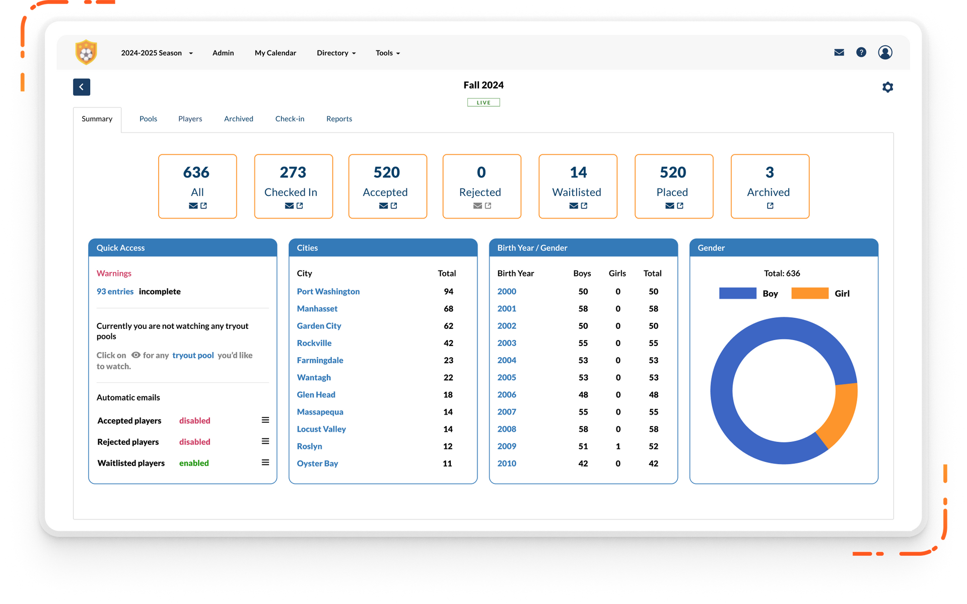 Byga youth sports club management laptop with tryouts dashboard showing number of players and different segments for communication