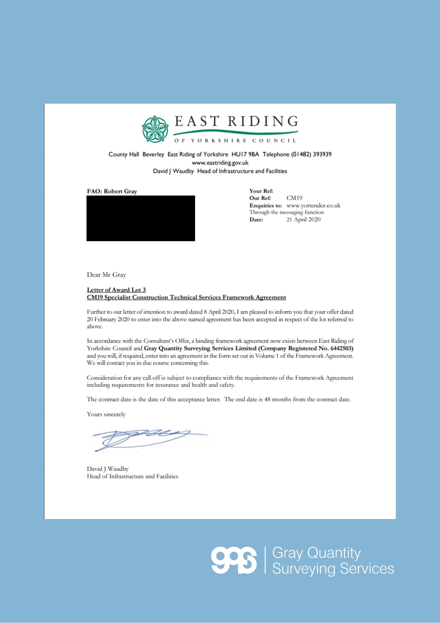 letter from East Riding of Yorkshire Council to Gray Quantity Surveying Services