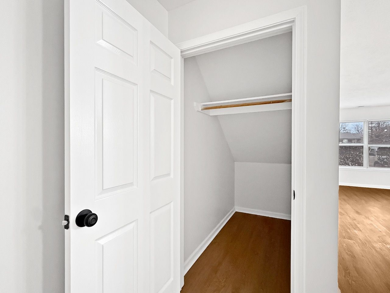 Empty walk-in closet with white doors, wood floor, and a shelf with hanging rod.