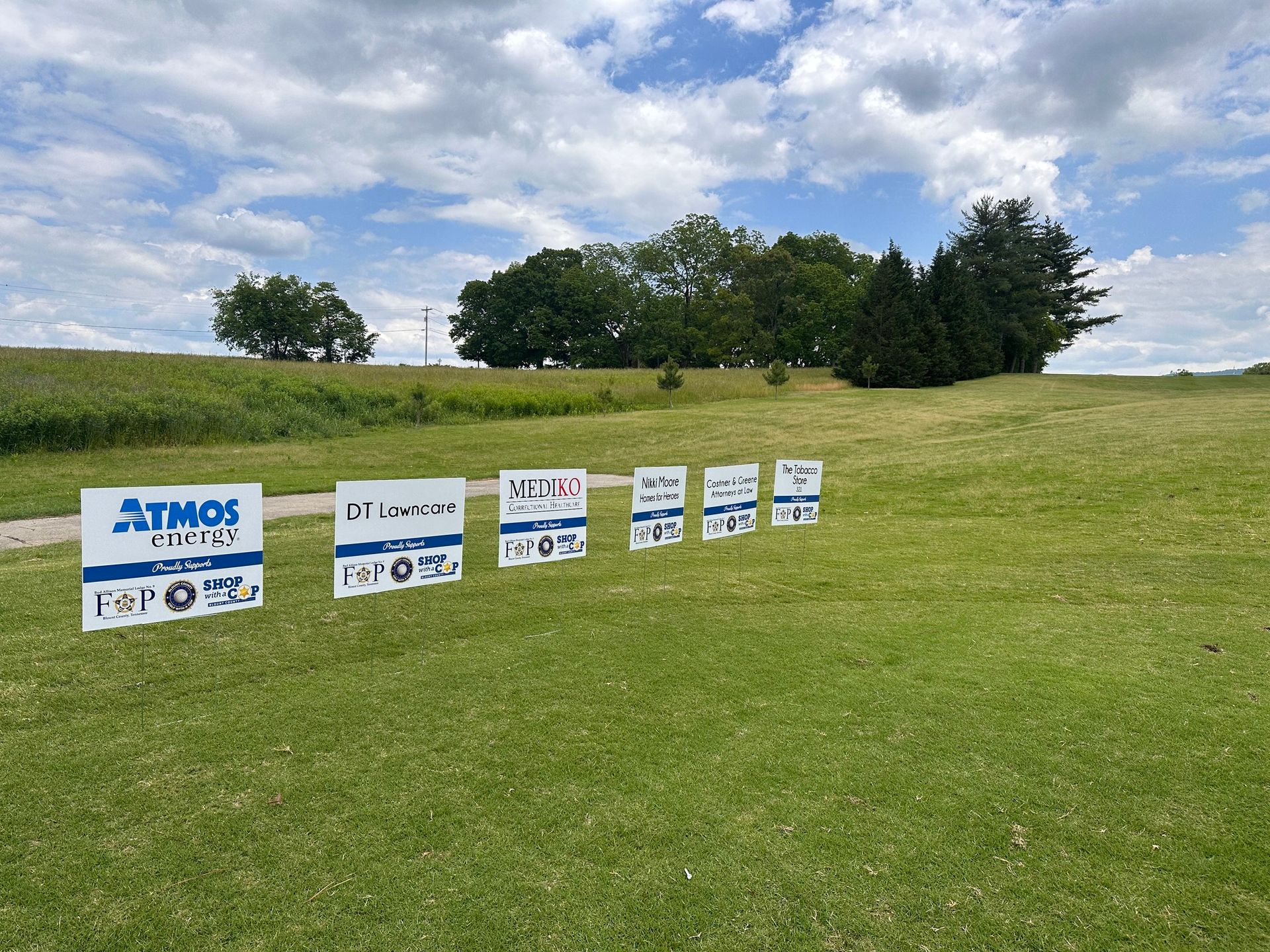 A row of signs are lined up in a grassy field.