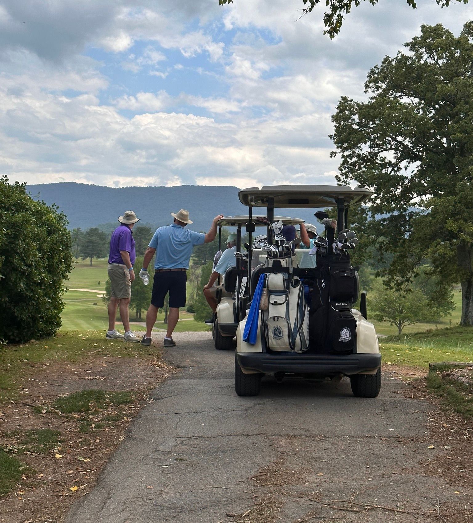 Two golf carts are parked on the side of a road