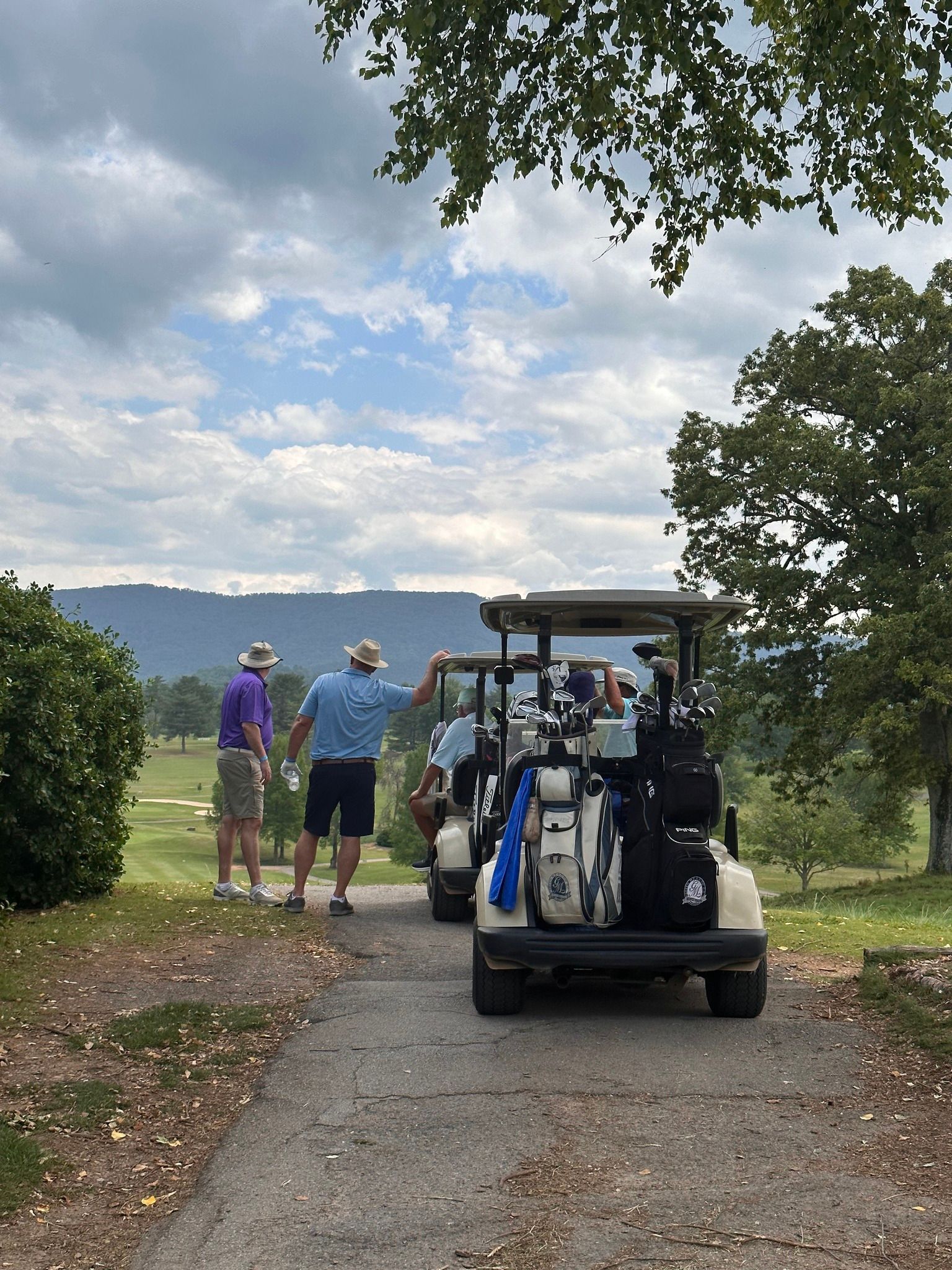A group of people are standing next to a golf cart on a golf course.