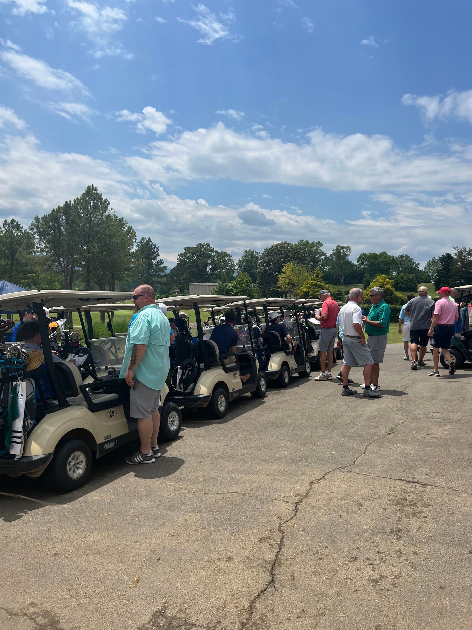 A group of people are standing in front of a row of golf carts.