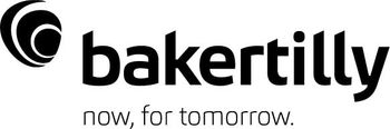 Baker Tilly logo, black text with a stylized symbol, tagline 