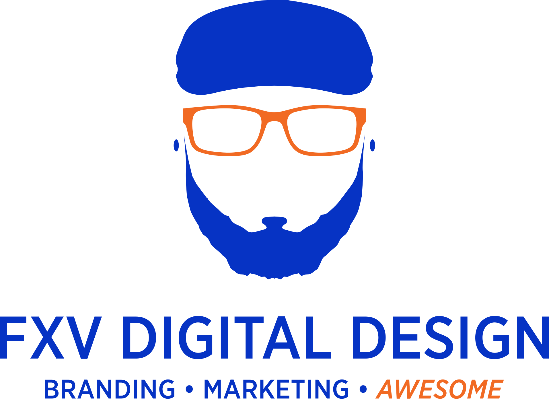 Blue and orange logo: bearded face with glasses, “FXV Digital Design” with branding, marketing, & awesome underneath.