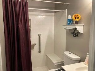 Bathroom with a shower, toilet, and sink. A burgundy shower curtain, sunflower, and grab bar are visible.
