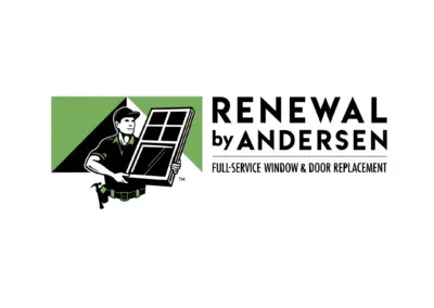 Logo for Renewal by Andersen: Man holding a window, green and black graphic with text "Renewal by Andersen".