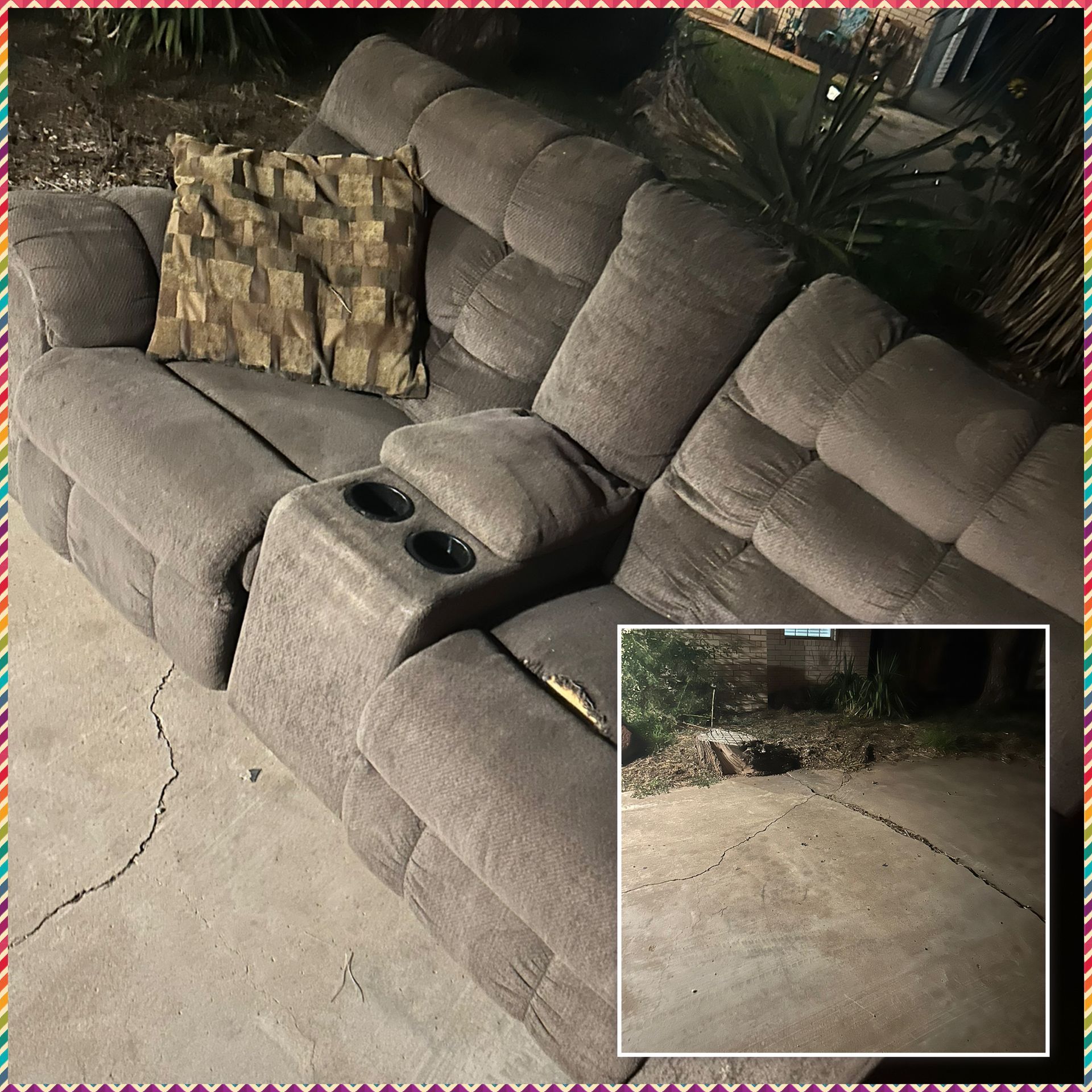A brown reclining sofa with cup holders sits outside. Small inset of a cracked concrete path.