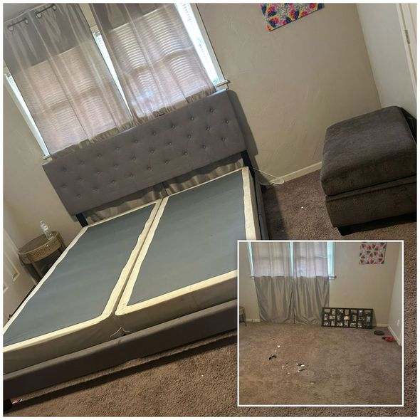 Bedroom with gray upholstered bed frame, stool, and windows with curtains. Inset of the empty room.