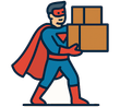 Superhero carrying stacked boxes.