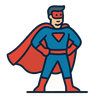 Superhero in blue suit, red cape and mask, hands on hips, smiling.