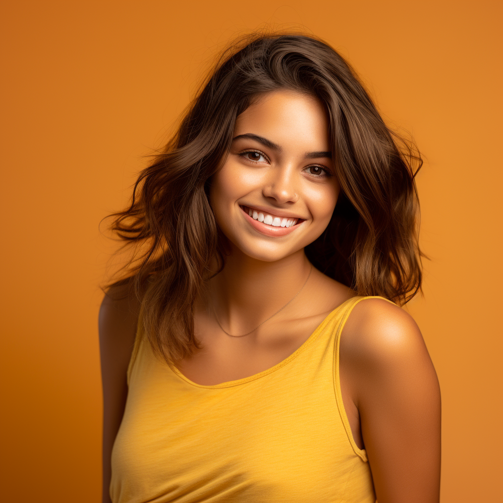 a teenage girl in a yellow tank top is smiling for the camera .