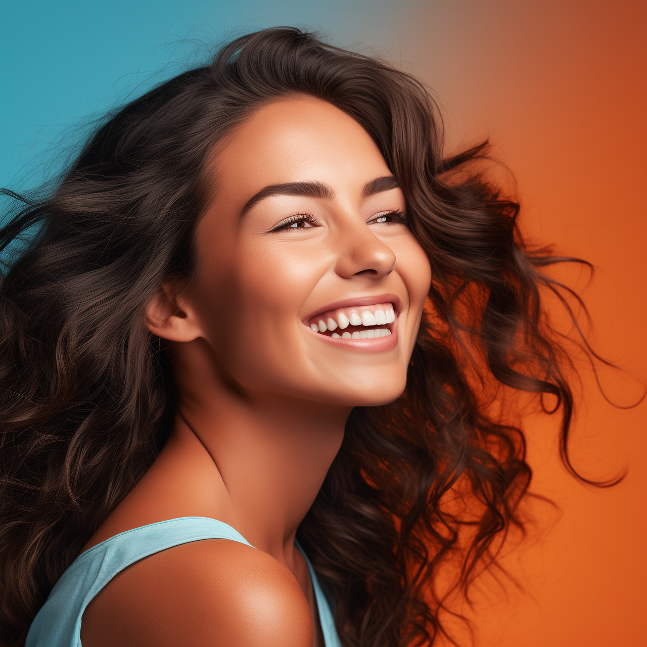 hispanic woman smiling in front of an orange and blue background