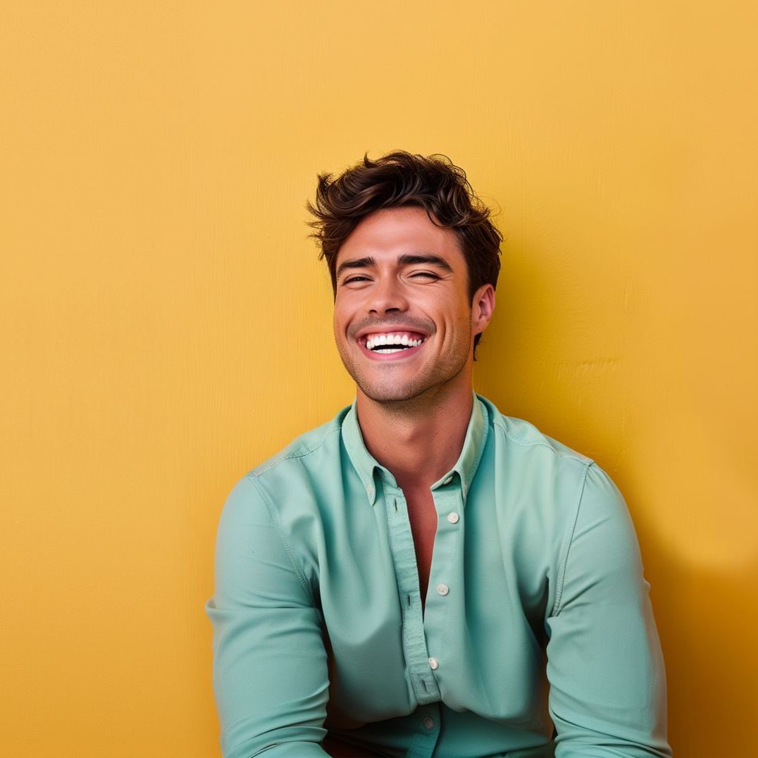 A man in a green shirt is sitting in front of a yellow wall and smiling.