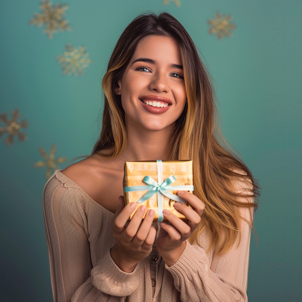 A woman is holding a gift box with a blue ribbon and smiling.