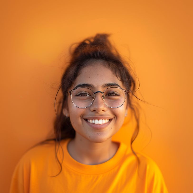 A young woman wearing glasses and an orange shirt is smiling in front of an orange wall.