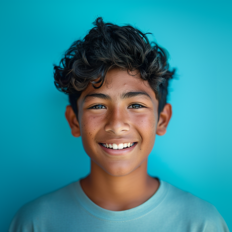 A young boy with curly hair is smiling in front of a blue background.