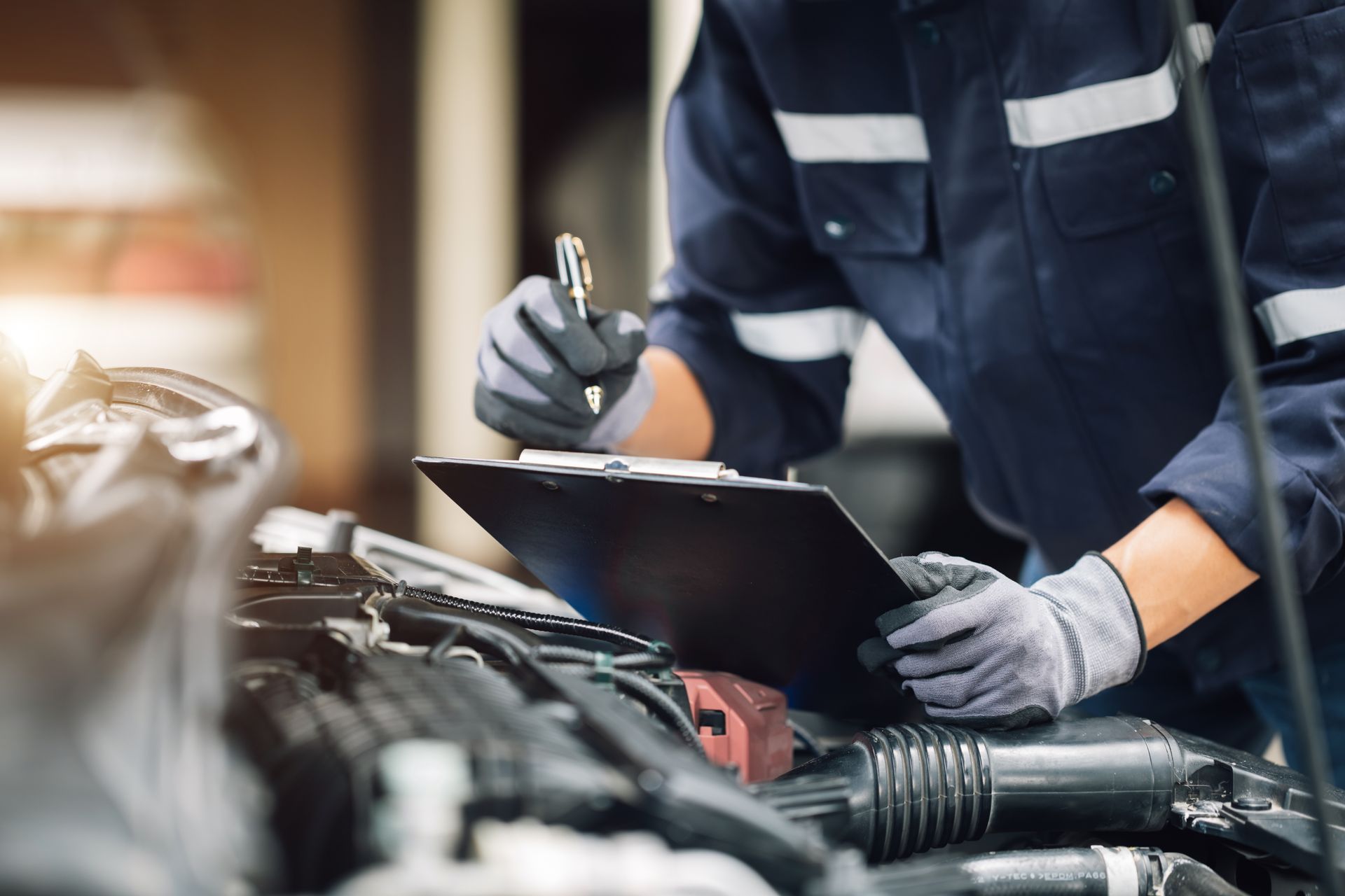 A technician in workwear and gloves writes on a clipboard while inspecting an open car engine in a garage.