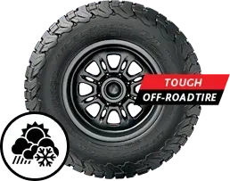 Black off-road tire with rugged tread and red “TOUCH OFF-ROAD TIRE” label on white background