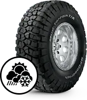 Black off-road tire with silver rim and snow/weather traction icon