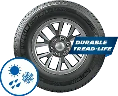 Tire with “DURABLE TREAD-LIFE” label and sun, rain, and snow icons