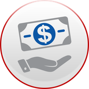 A stylized gray icon of a hand holding a gray rectangular bill with a large blue dollar sign in the center.