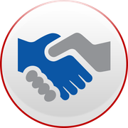 A blue hand and a gray hand shake inside a white circle with a thin red border.
